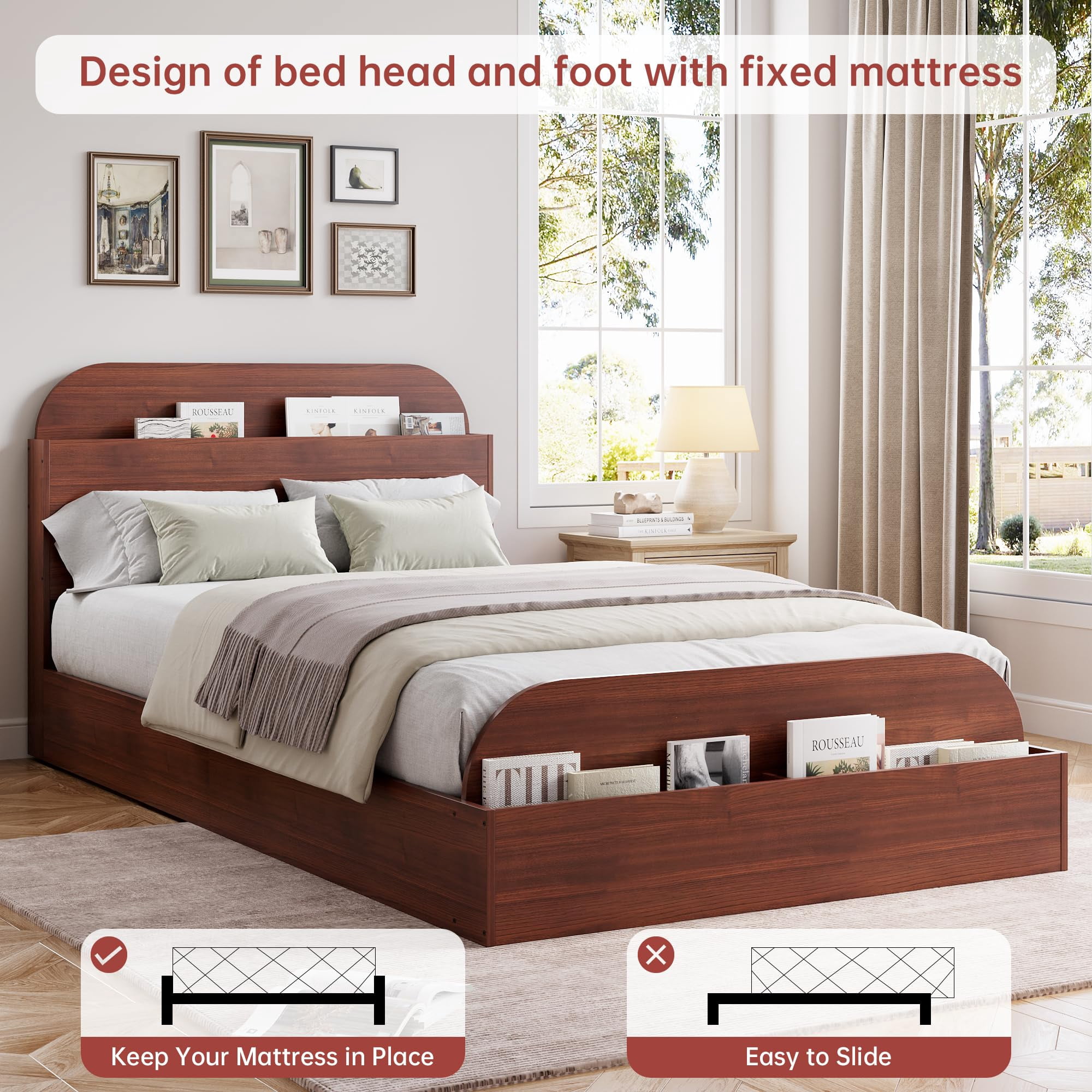 Twin XL Size Wooden Platform Bed Frame with Storage Headboard & Raised Footboard - Low Floor Bed, Heavy Duty & Noise-Free, No Box Spring Needed, Espresso