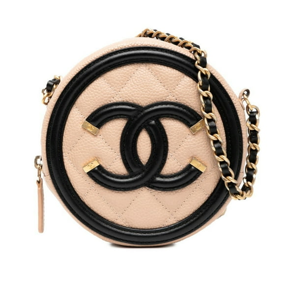 Pre-Owned CHANEL Matelasse CC Filigree Chain Shoulder Bag in Beige and Black Caviar... (Good)