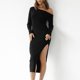 thumbnail image 4 of Vestido ajustado asimétrico con abertura lateral suéter de mujer vestido a media pierna traje diario básico, 4 of 6