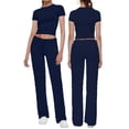 thumbnail image 3 of Mialoley Women Summer Pants Outfits Solid Color Short Sleeve Round Neck T-Shirts Tops Drawstring Long Trousers 2 Pieces Clothes Set, 3 of 7