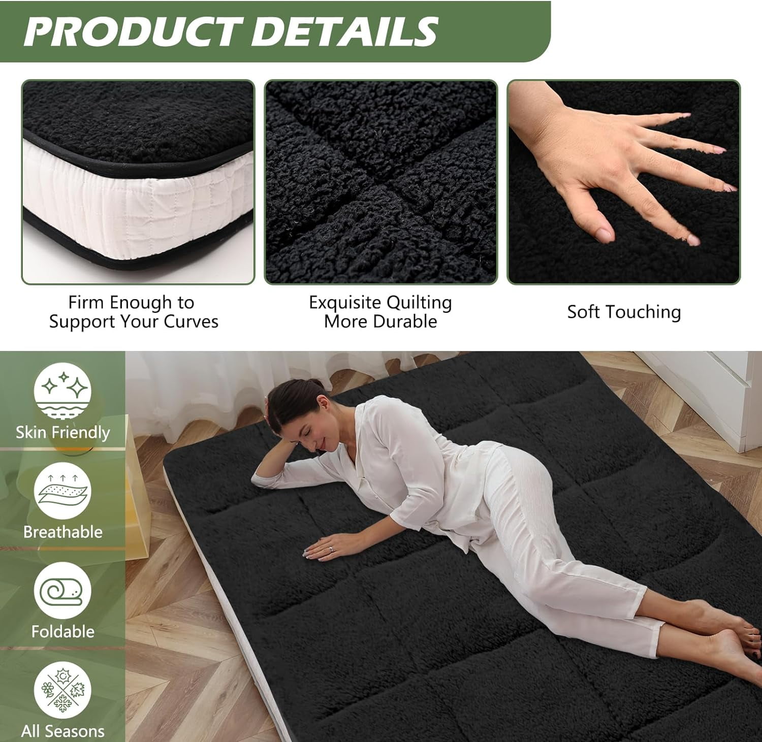 Slsy Winter Fleece Japanese Futon Floor Mattress, 4" Thick Fluffy Plush Reversible Shaggy Mattress, Cozy Sherpa Folding Roll Up Mattress, Fuzzy Faux Fur Sleeping Pad