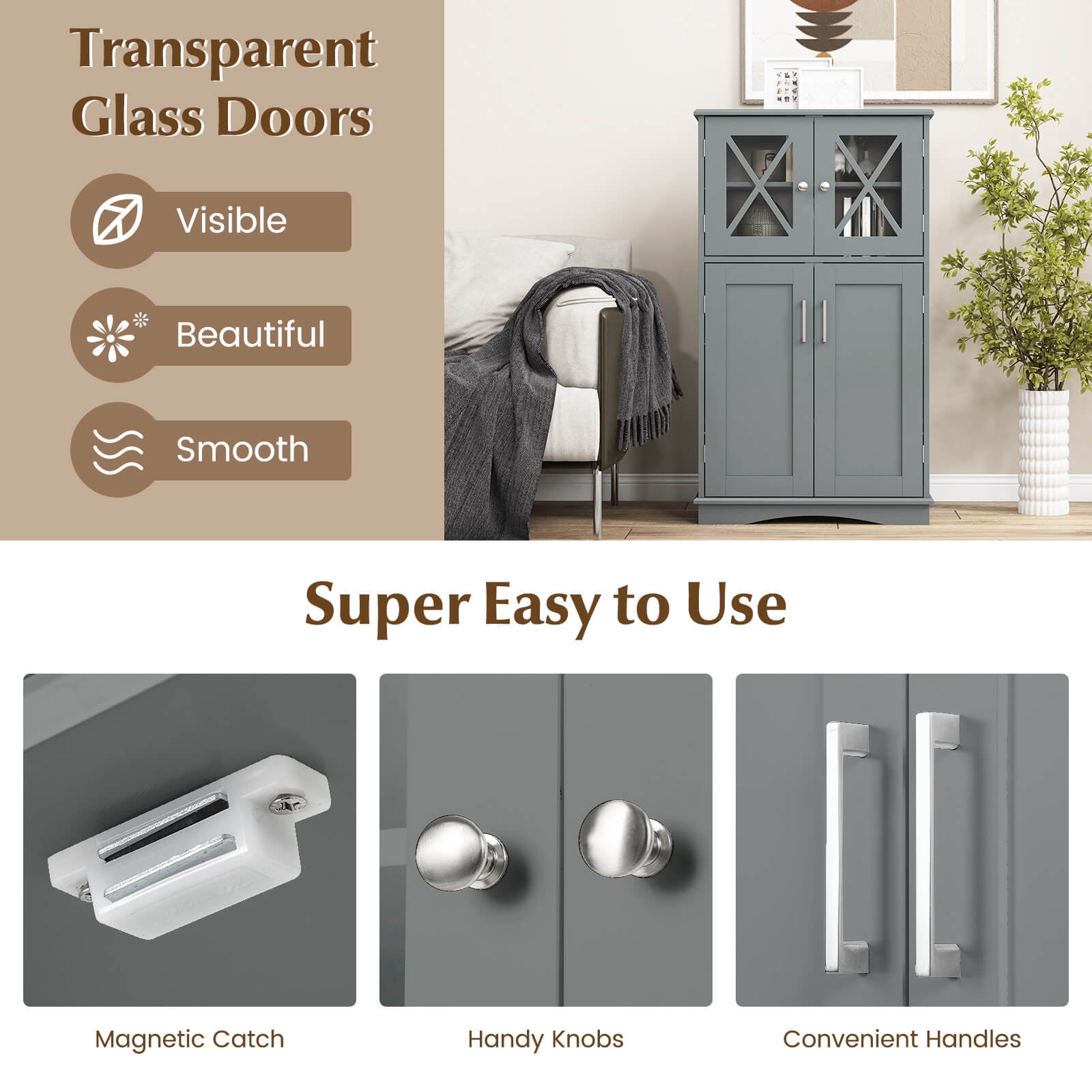 Costway Bathroom Storage Cabinet Linen Storage Cabinet with Doors and Adjustable Shelves Grey