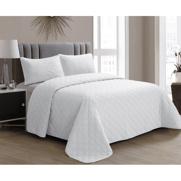 Juego Edredón Ligero Queen Size Blanco Diseño Diamante Tipo Colcha