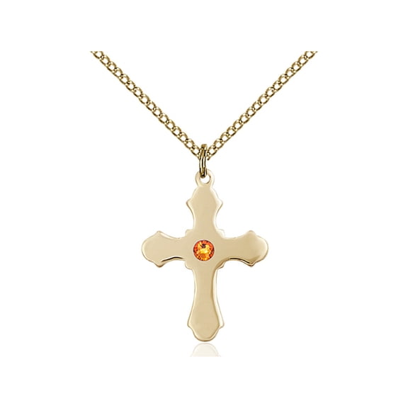 Gold Filled Cross Pendant with 3mm November Yellow Swarovski Crystal 7/8 x 5/8 inches with Gold Filled Lite Curb Chain