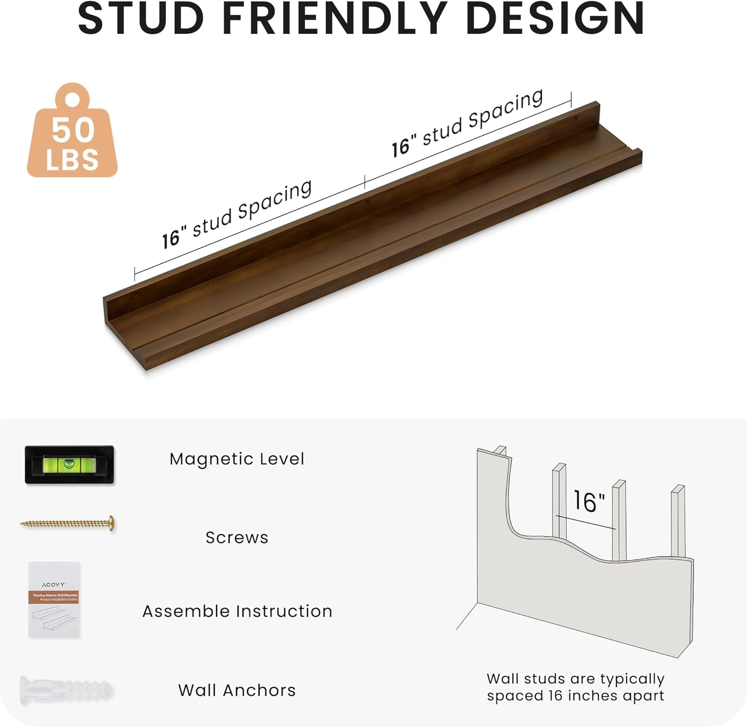 Floating Shelves for Wall, 36 inch Solid Wood Picture Ledge Shelf, Picture Shelf for Wall with Ledge, Floating Book Shelves for Living Room Bedroom Kitchen Nursery Decor, Walnut, Set of 2