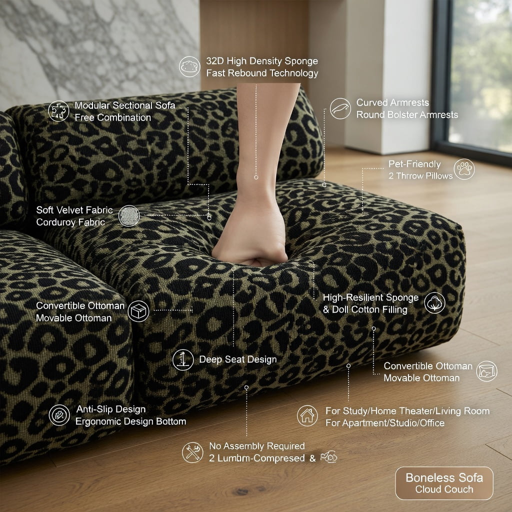 Hommoo 2-Seat Leopard Print Chenille Loveseat Sofa with Tassel Trim, Modern Modular Sectional Couch, Ergonomic Deep Seat Design, Easy Assembly, Living Room Sofa, Green Black