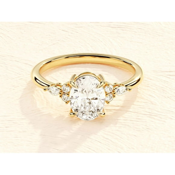 Gold Plated Bridal Vintage Ring Oval Cut Moissanite Engagement Ring Cluster Accented Moissanite Engagement Ring