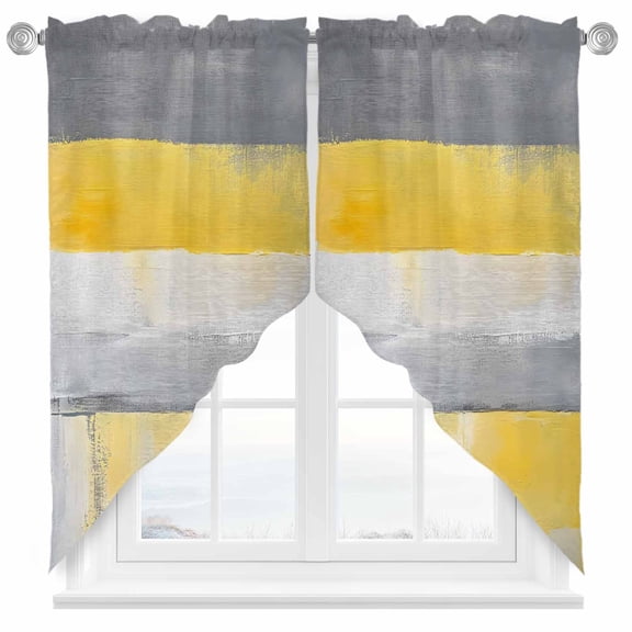 Gray Yellow Brush Swag Curtain Valance for Windows, Abstract Geometric Window Treatments Short Swag Topper for Kitchen Windows Bathroom Bedroom, 36"x36"