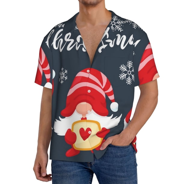 Balery Cute Christmas Gnomes (2) Camisa Casual de Manga Corta con Botones para Hombre, Texturizada, Estilo Cubano, para Playa, Verano-Medium