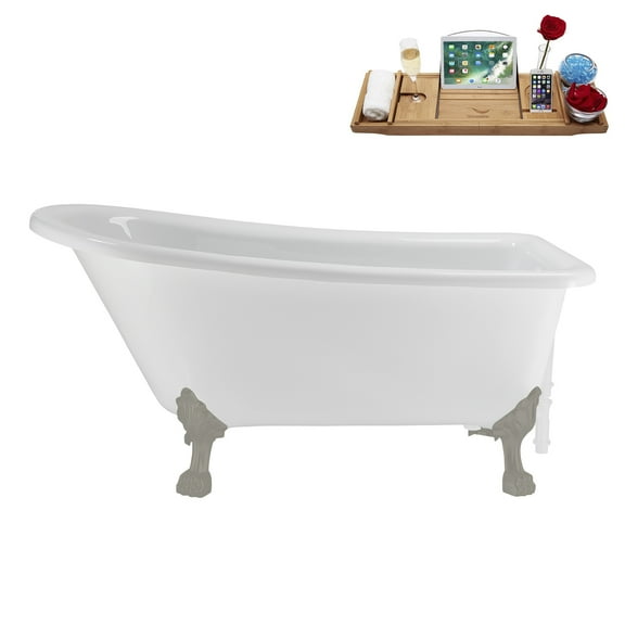 58" Streamline N4860BGM-WH Soaking Clawfoot Tub and Tray With External Drain in Glossy White and Brushed Gun Metal Clawfeet
