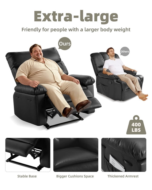 TROPOW Oversized PU Leather Recliner Chair, Extra Wide Manual Recliner for Adults, Lazy Chair Single Sofa with 1.5X Sponge Comfort Arm, Thick Cushion and Back, for Living Room, Bedroom