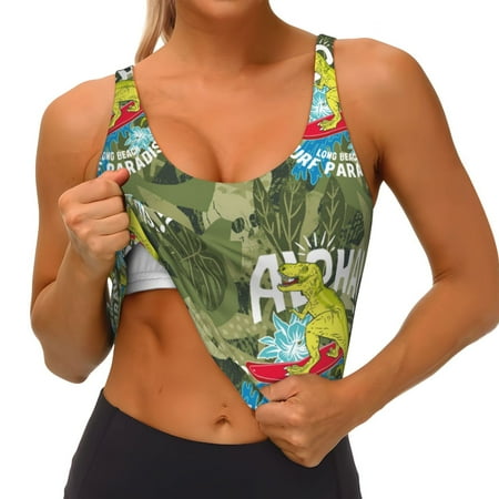 Qokaie Surfing Dinosaur Pattern Womens Scoop Neck Sports Bra Breathable Workout Vest Padded U Back Medium Impact Fitness Gym Yoga Bra Workout Crop Top