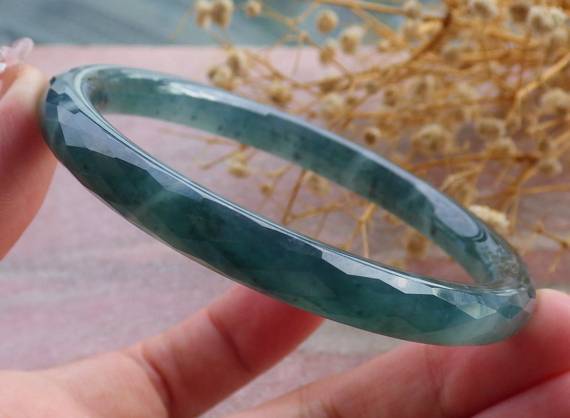 Green Natural A JADE Jadeite Dia Cut Circle Bangle Bracelet 58 mm 682712 TN