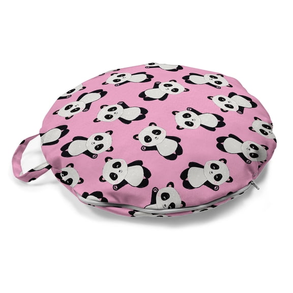 Panda Round Floor Cushion with Handle, Continuous Waving Greeting Panda Bear Animal Bambus Lover Print, Decorative Pillow for Living Room & Dorms, 18" Round, Pale Pink Charcoal Grey, by Ambesonne