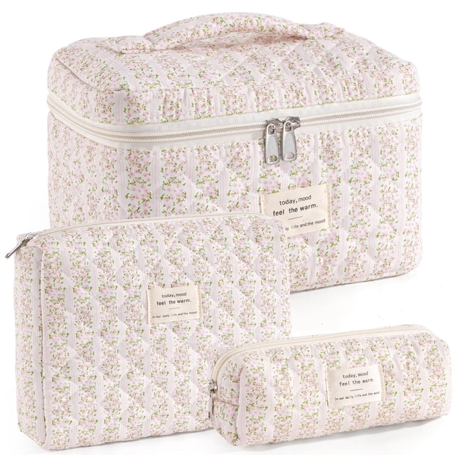 Bolsa de maquillaje UUYUUY, algodón acolchado, 3 unidades, cosméticos de viaje, color rosa