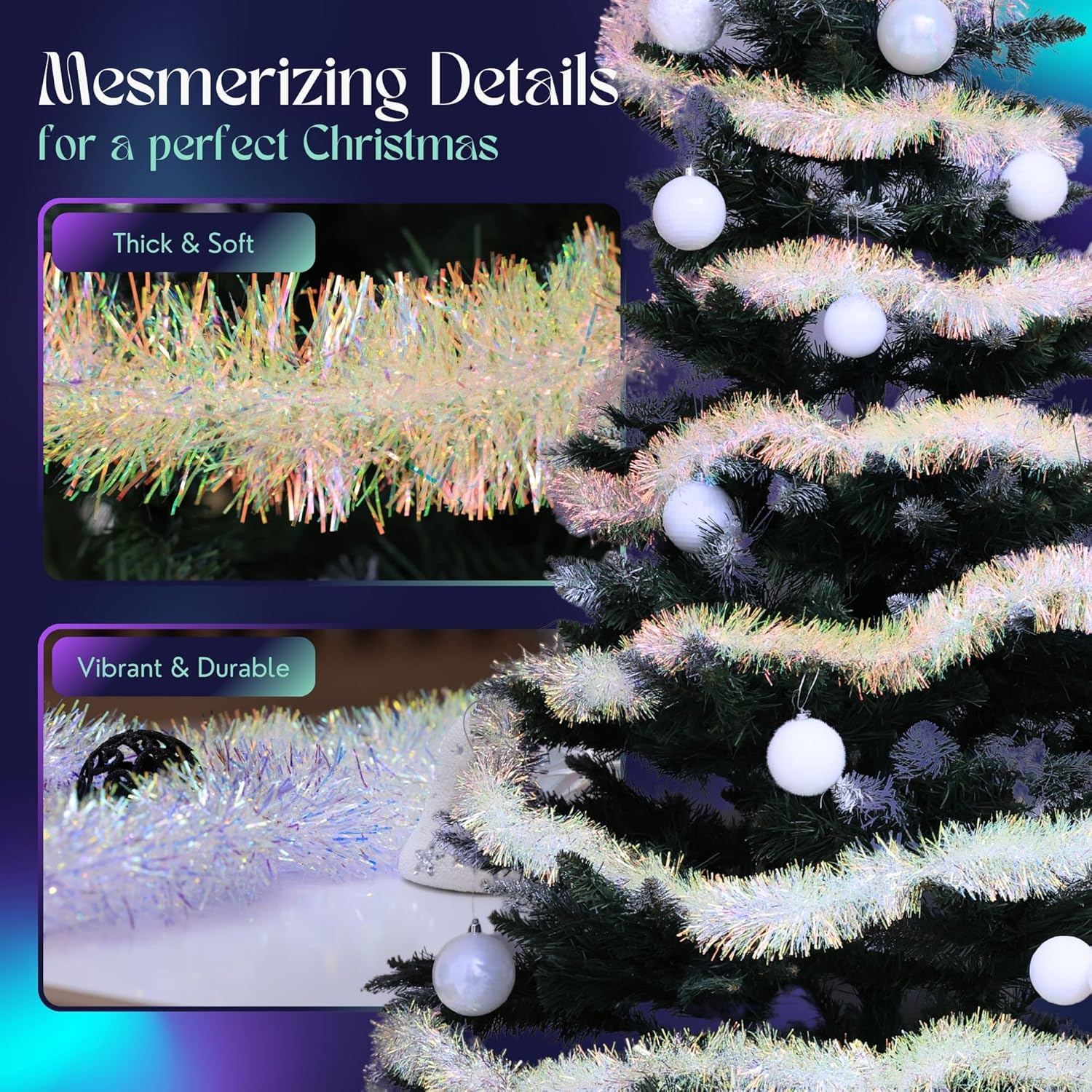 Ayieyill 33ft Tinsel Garland, Iridescent photo 3