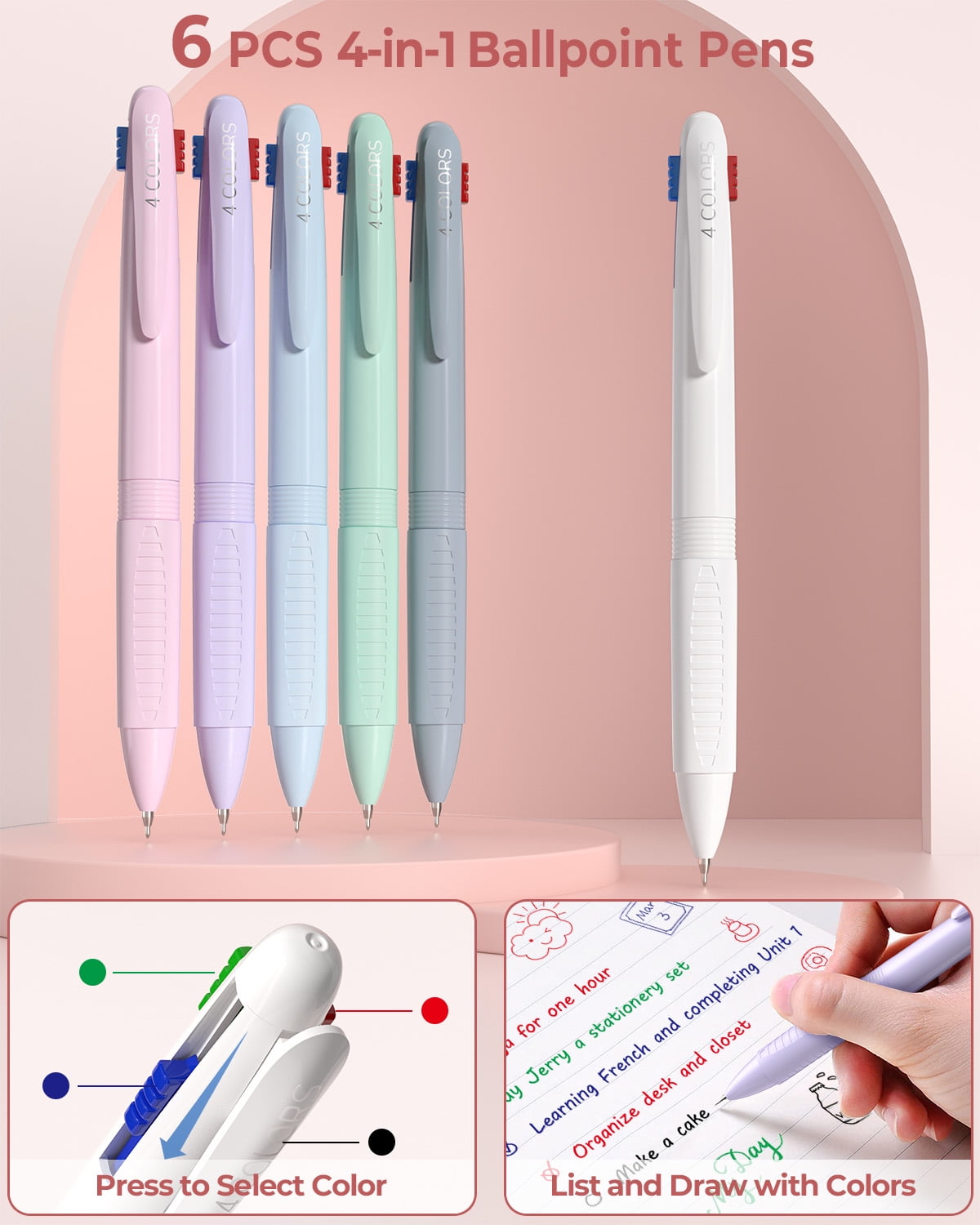 Four Candies 56 PCS Aesthetic Supplies with Large Pencil Case, 6 Colored Ballpoint Pens, 12 Pastel Highlighters, 5 Black Ink Gel Pens, 9 Mechanical Pencils 0.5-2.0mm Essentials (Pink)