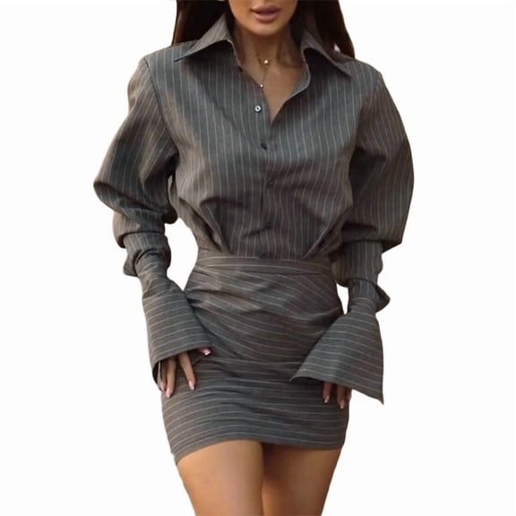 Women'S Striped Top and Short Skirt Two-Piece Casual Suit Dark Gray XL