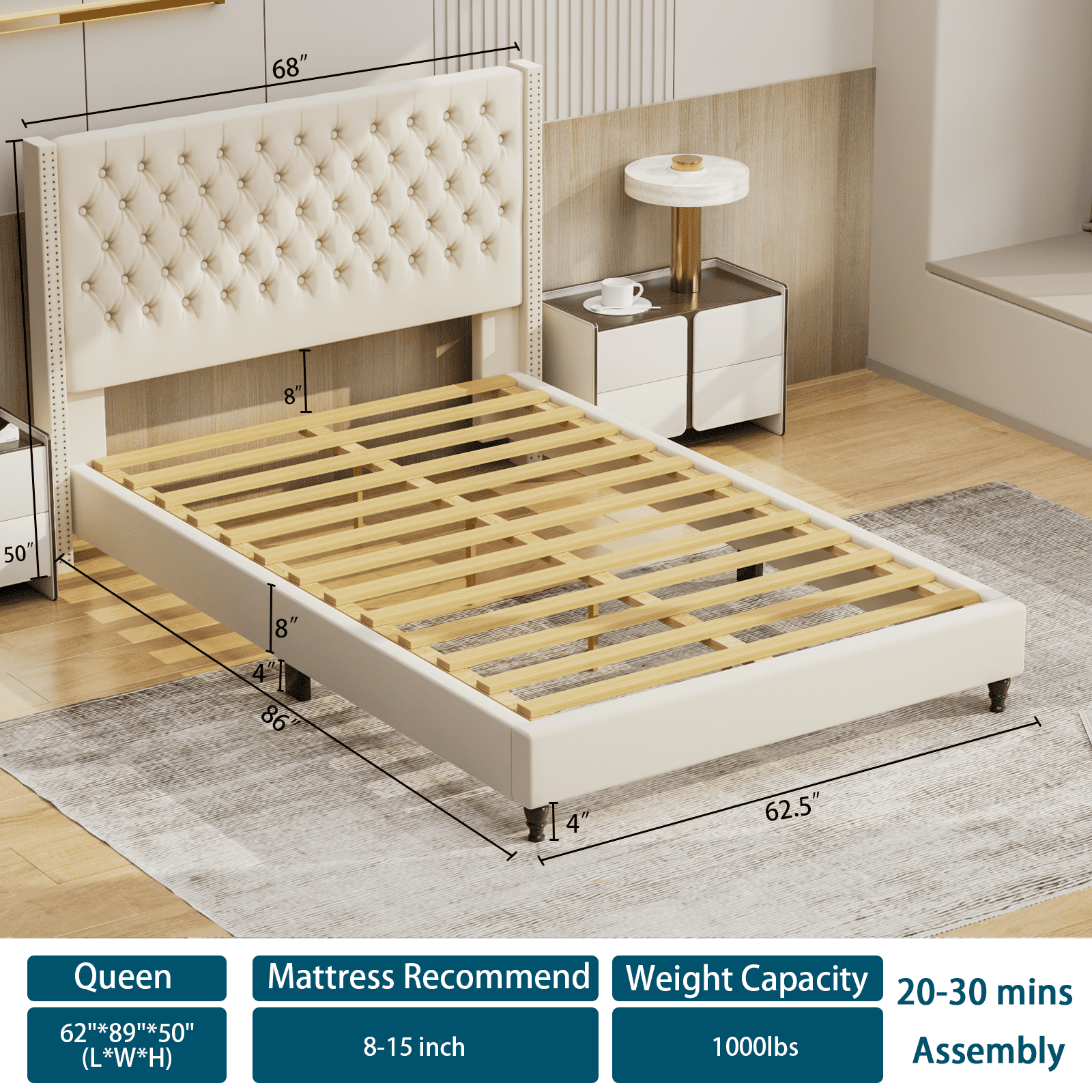 Upholstered Tufted Bed, Platform Bed Frame with Diamond Low Profile Platform Beds Strong Wooden Slats, Queen Size Black