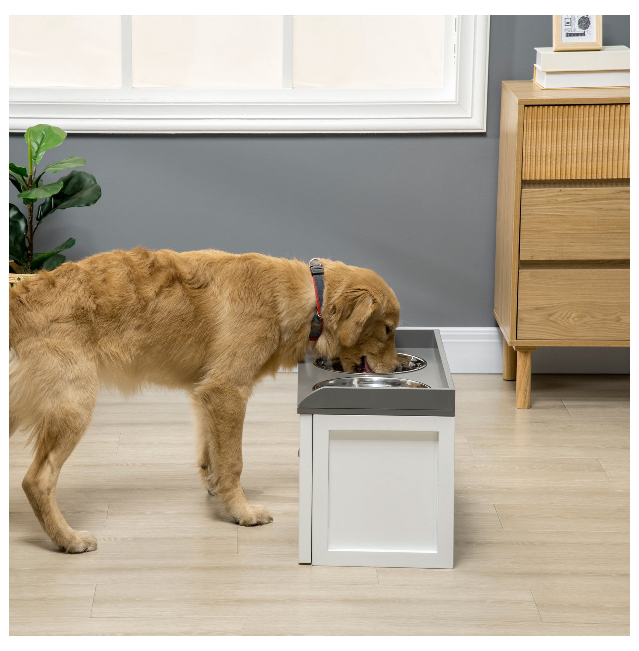 Dog Feeding Station with Storage, Elevated Bowls for Large Dogs - White Pet Feeder with Drawer & Cabinet