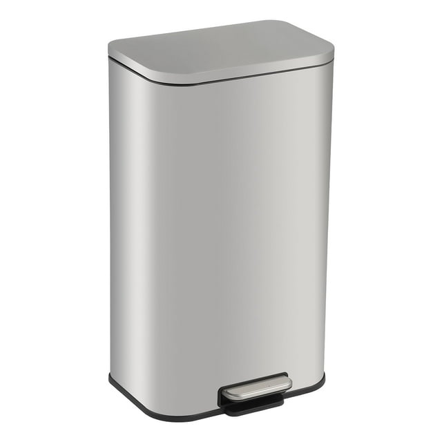 Kitchen Trash Can, Stainless Steel Garbage Can with Soft-Close Lid, Removable Inner Bucket & Wide Foot Pedal, Rectangular Space Saving Trash Bin for Home, Office, Bathroom