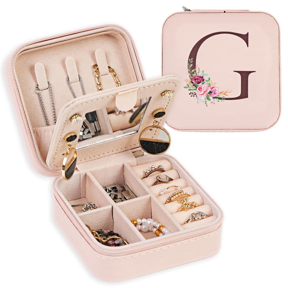 Travel Jewelry Box with Mirror for Women Girls, Personalized Initial Vacation Essentials Accessories for Rings Earrings - G