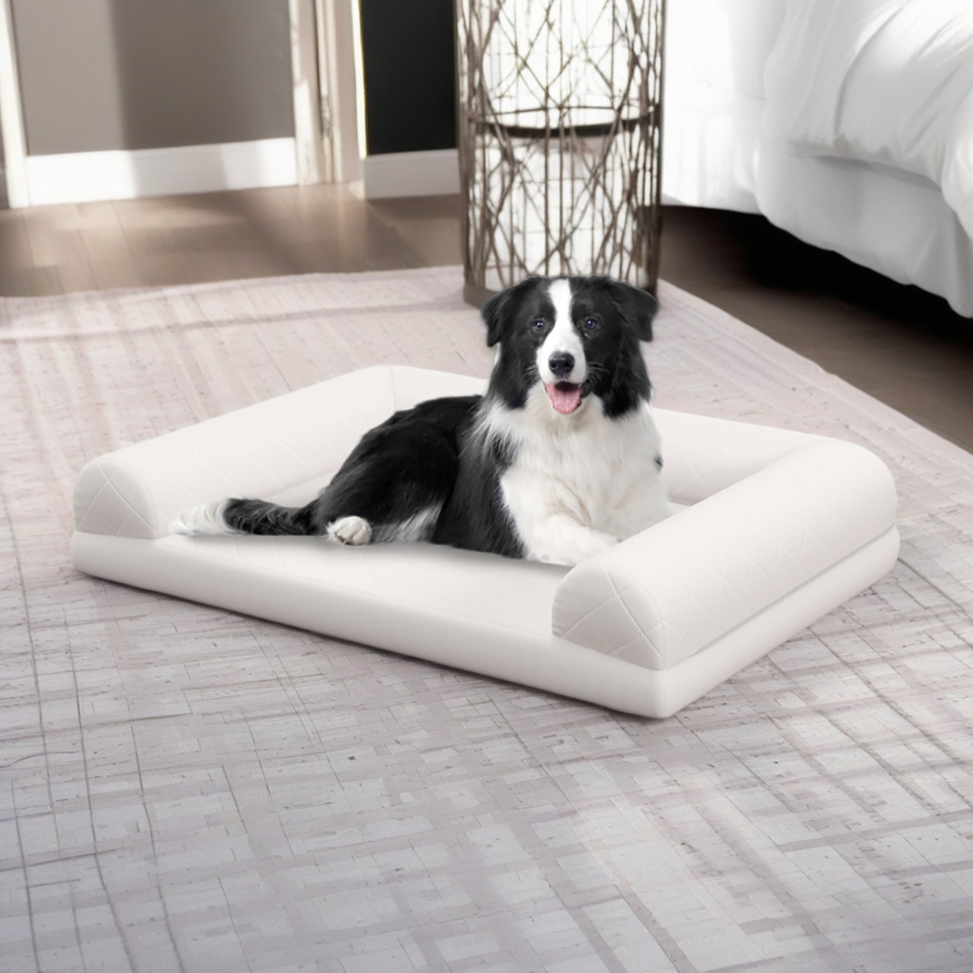 Pefilos 36" Pet Dog Crate Bed with 3-Side Bolster, Dog Bed Sofa Furniture, Cat Sofa Beds with Removable Washable Bed Cover, Beige
