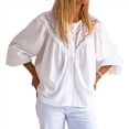 thumbnail image 3 of Blusas Babydoll de Encaje con Botones y Mangas Largas Abullonadas para Mujer, Elegantes, Informales, con Cuello Redondo, Plisadas y Holgadas M, 3 of 10