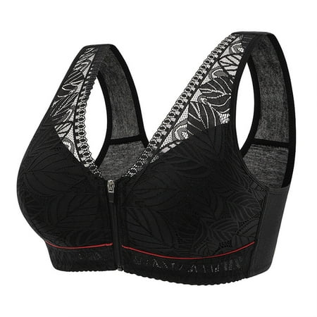 

YXGla Elderly Women Bra Lace Wide Shoulder Straps Front Zipper Wire Free Plus Size Lady Bras Daily Wear Clothes