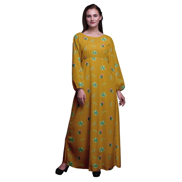 Bimba Robe Maxi à Manches Longues pour Femmes en Georgette Mousse Imprimée de Feuilles de Cactus, Taille Élastique - Grande