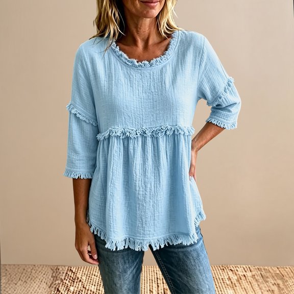 Fashion Casual Round Neck Loose Solid Color Inch Sleeve T Shirt Top ( Size Mark)