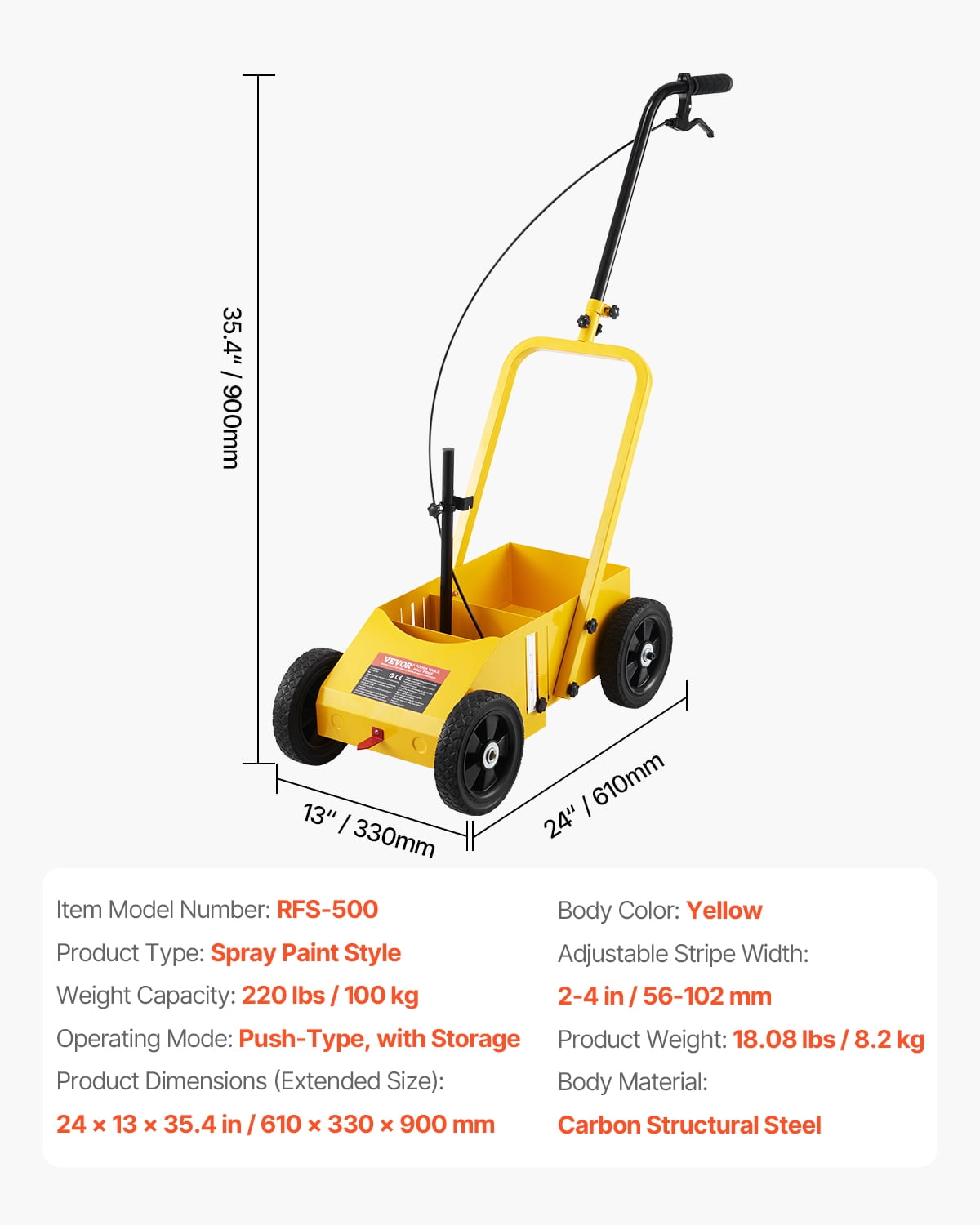 VEVOR Striping Line Marking Machine, 24 x 13 x 35.4 inch, 4-Wheel, Heavy Duty Striping Line Machine with 2-4 inch Adjustable Width, Make Clear Edge Line for Roads, Parking Lots, Sports Field, Yellow