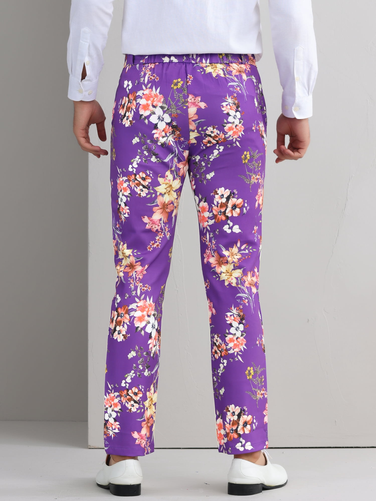 DARING DIVA Men's Floral Printed Contrasting Colors Flat Front Pants 32 Purple