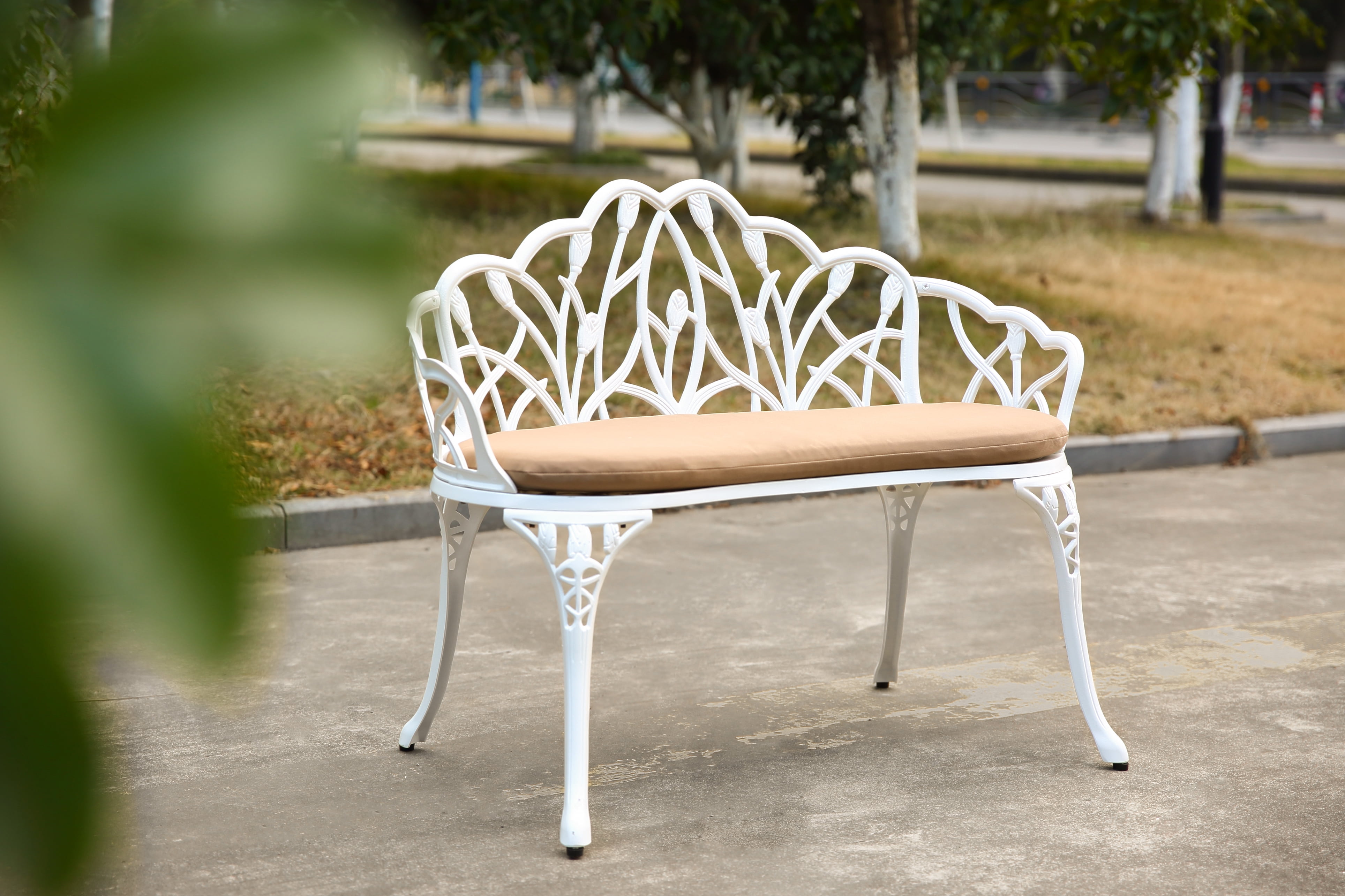 Patio Garden Bench Metal Park Bench Cast Aluminum Outdoor Furniture with Floral Rose for Patio, Park, Lawn, Yard with Cushion