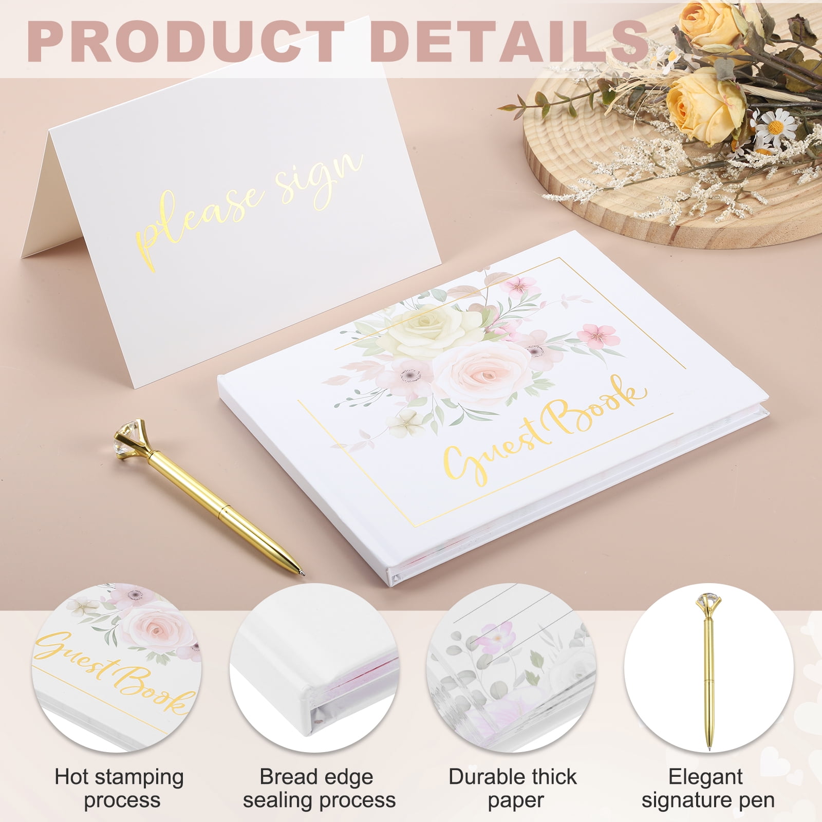 Uxcell Guest Book, 9.3x7" Elegant Wedding Guestbook Colorful Bouquet Cover Memory Book with Diamond Signing Pen and Greeting Card for Wedding Bridal Birthday Party Events, Gold Tone