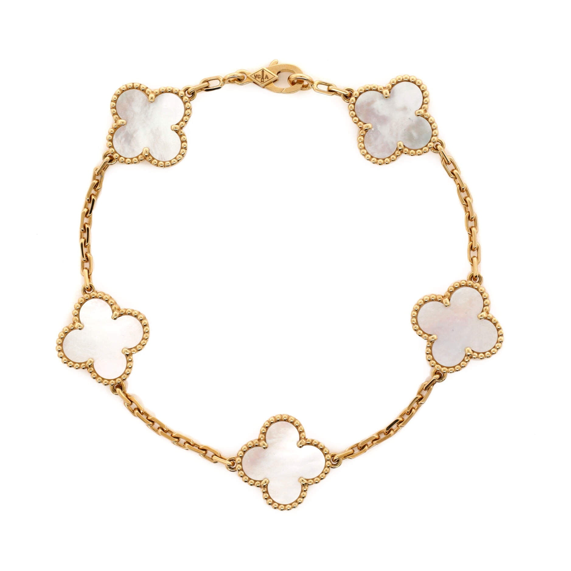 Pre-Owned Van Cleef & Arpels Vintage Alhambra 5 Motifs Bracelet 18K Yellow Gold and Mother of Pearl By Rebag