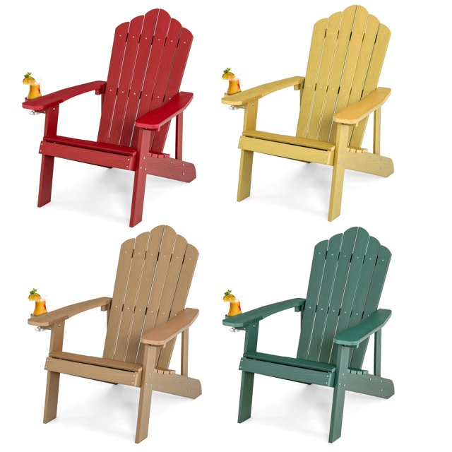 Costway Lot de 4 Chaises Adirondack de Patio en HIPS avec Porte-Gobelet, Résistantes aux Intempéries, Extérieur, 380 Lb, Teck&Vert&Jaune&Rouge