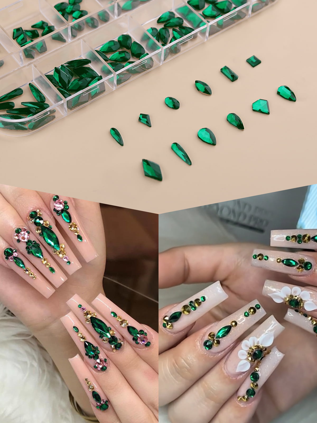 90Pcs Green Nail Rhinestones 6 Shapes Emerald Green Cute Nail Gems Flatback  Heart Rhinestones K9 Glass Stones Nail Art Diamonds Crystals jewels Nail