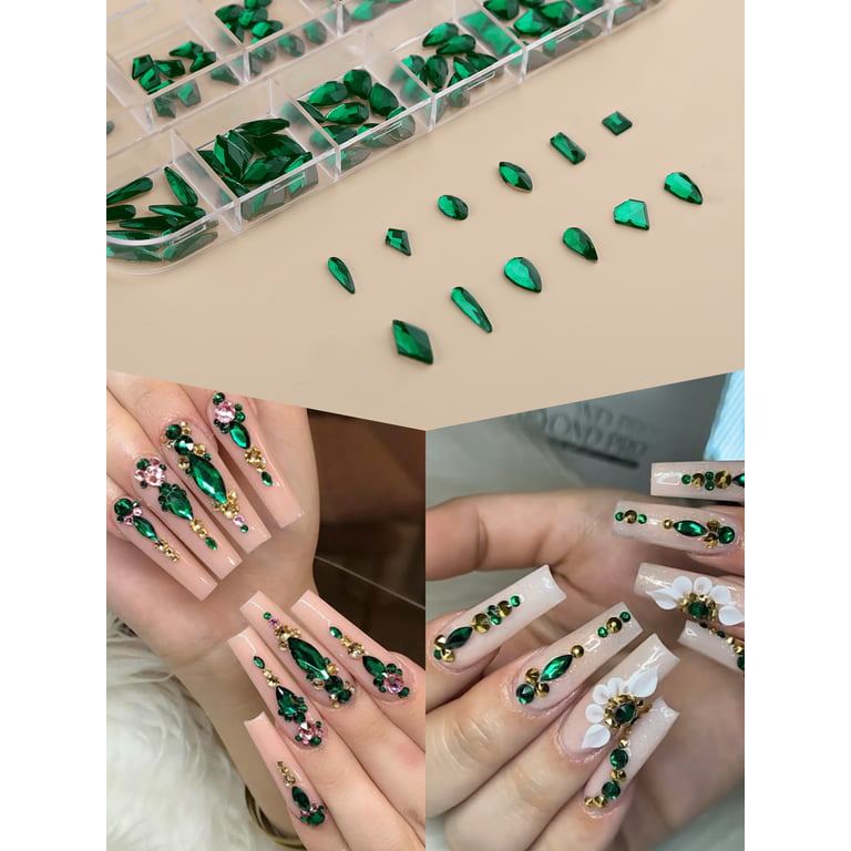 Kalolary 3120Pcs Green Nail Rhinestone Gems Kit Nail Art Crystal Flatback  Nail Jewel Gems Diamonds Jewels with Tweezers and Drill Pen