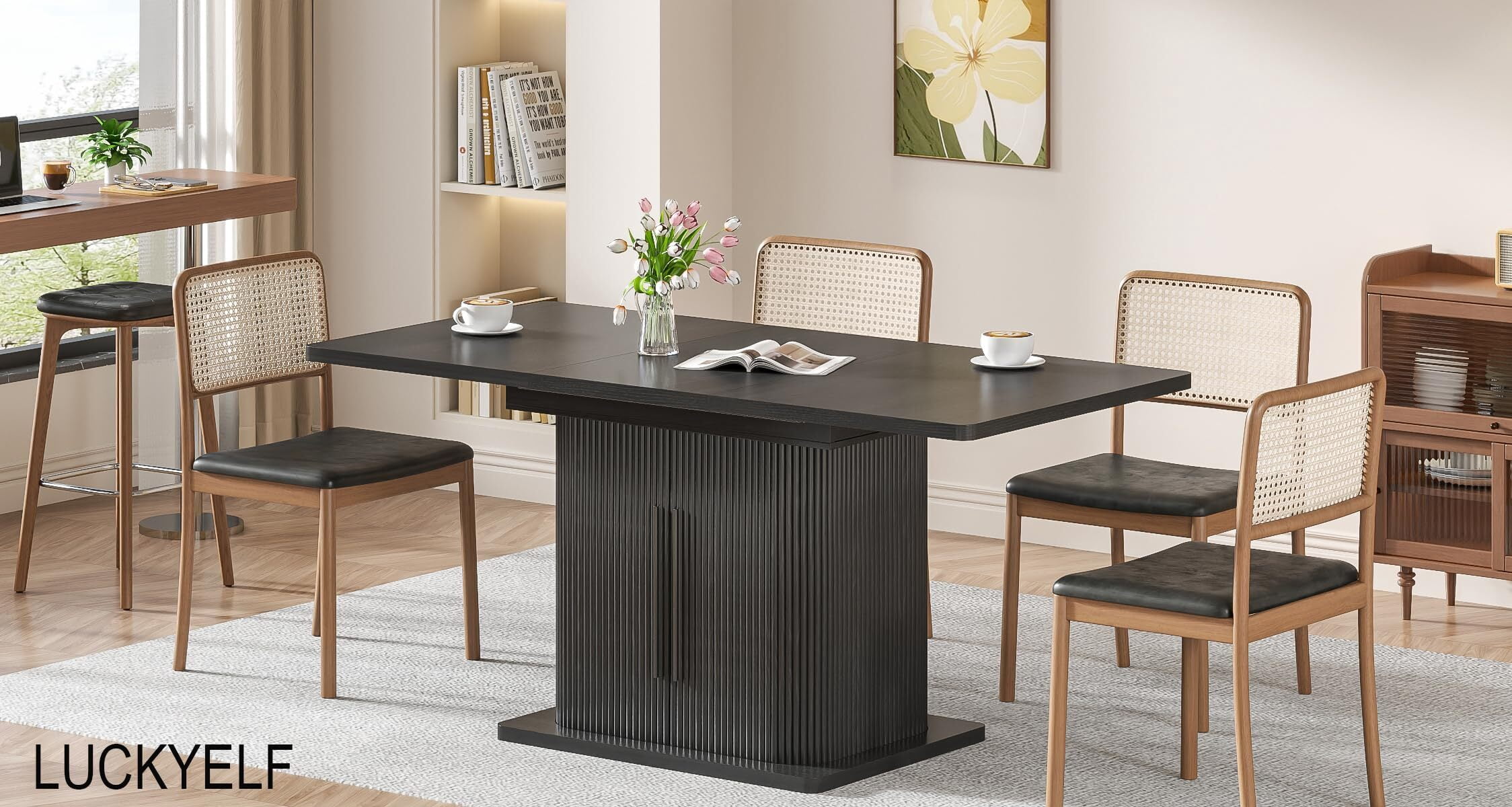Extendable Black Dining Table 47-65", Seats 4-6, Fluted Wood Kitchen Table with Storage, Sliding Doors, Space Saving, Black