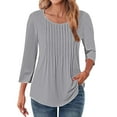 thumbnail image 2 of Gray Women's Long Sleeve T-shirt, 3/4 Length Sleeve Womens Tops Crewneck Summer Blouses 2025 Pleated Front Tunic Tops Tee Shirt Floral Print Clothes,Women's Long sleeve T-shirt XXL, 2 of 5