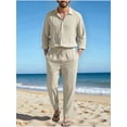 thumbnail image 5 of Men's Linen Blend Camp Collar Long Sleeve Shirt and Drawstring Pants Two Piece Outfit Khaki XXXL, 5 of 7
