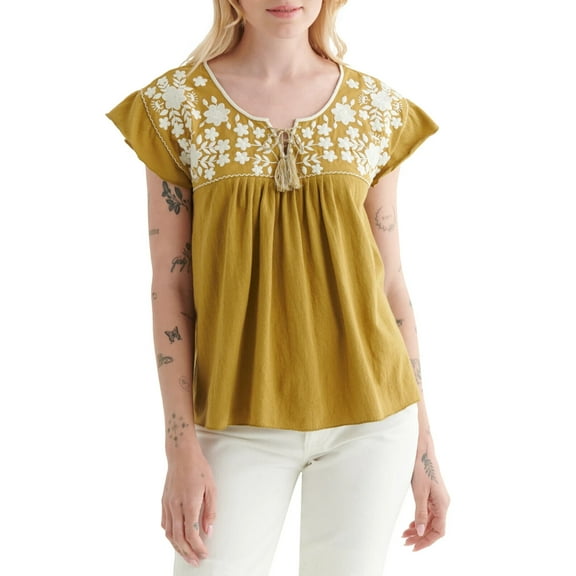 Lucky Brand Embroidered Boho Blouse Brown Green Size XXL MSRP $70