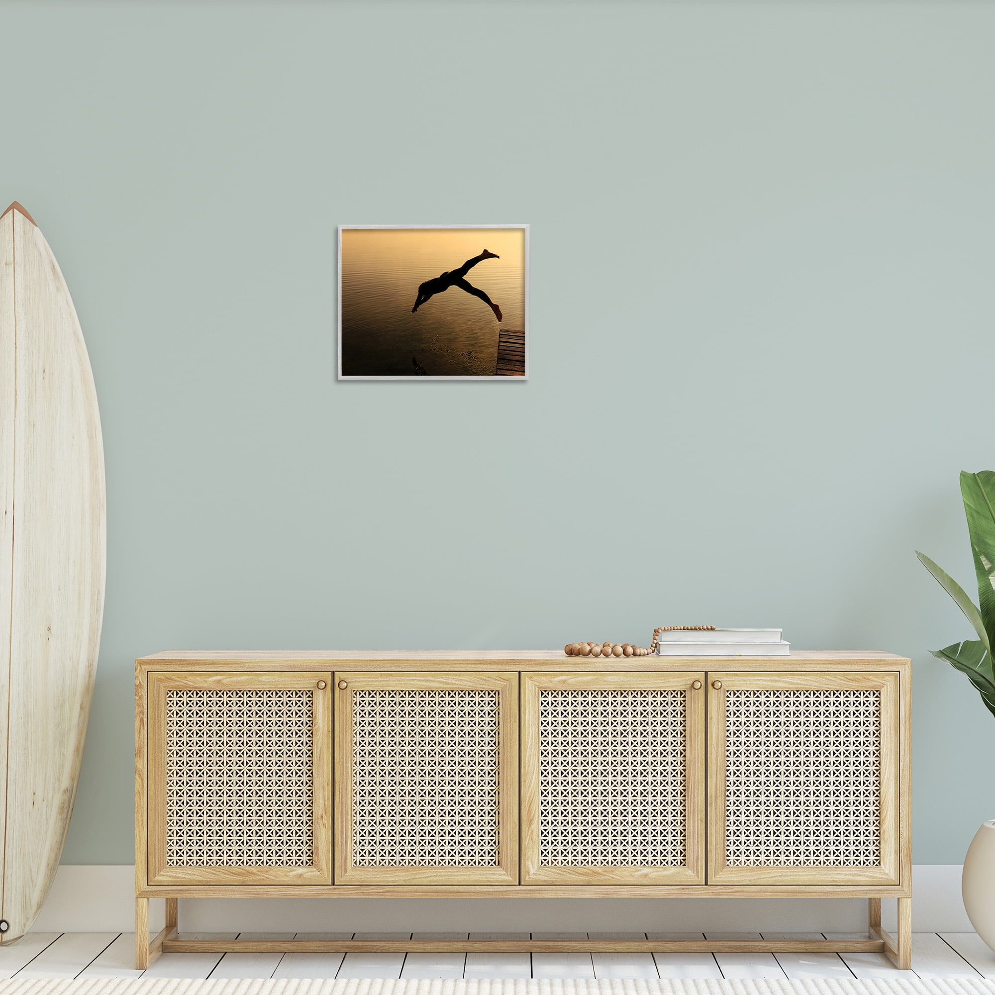 Stupell Industries Diving Off Dock Silhouette Novelty Photography Gray Framed Art Print Wall Art, 20 x 16