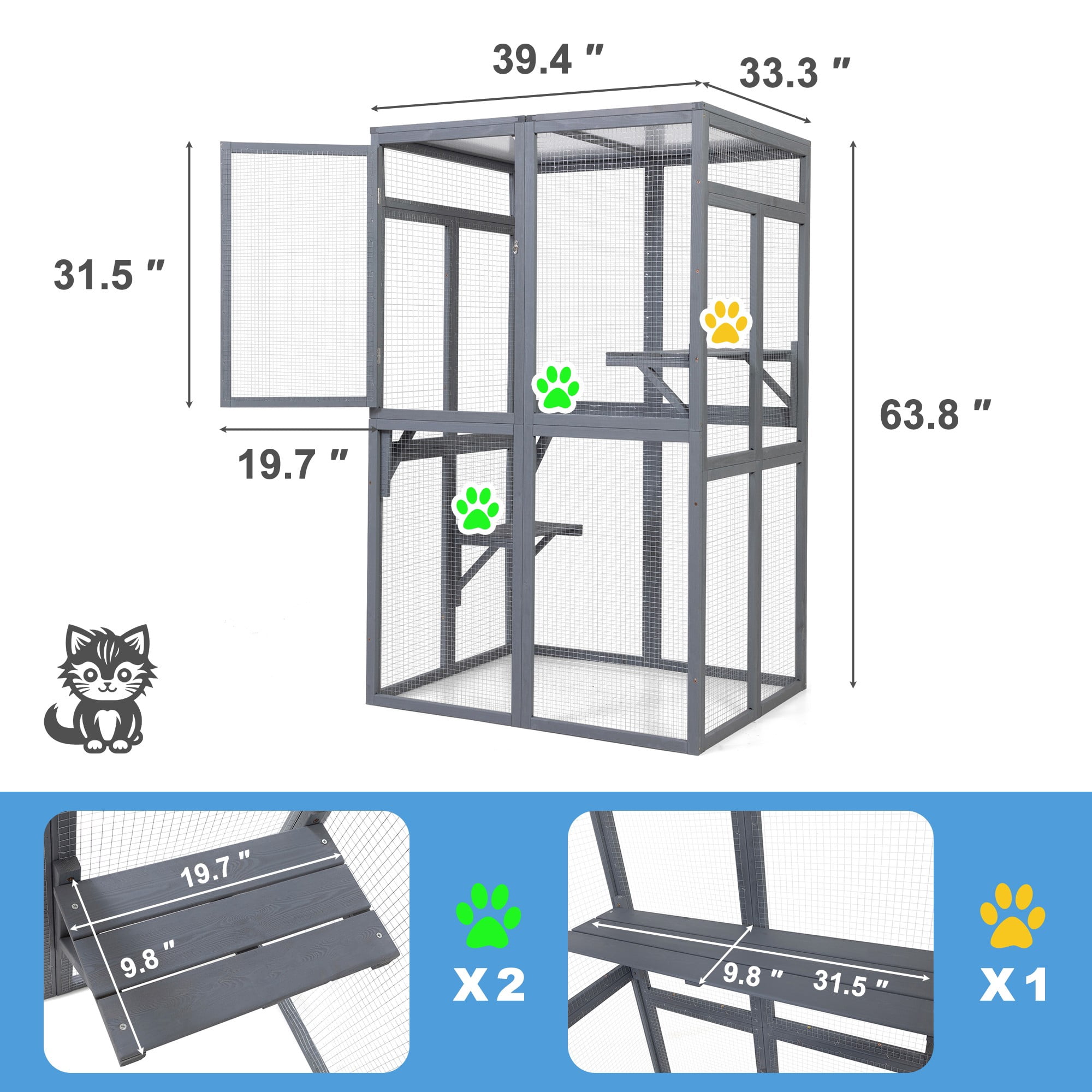 Demi Bonn 64" Cat House Outdoor Catio Cat Enclosures Wooden Kitty House with Platforms, Waterproof Roof, Hammock, Gray