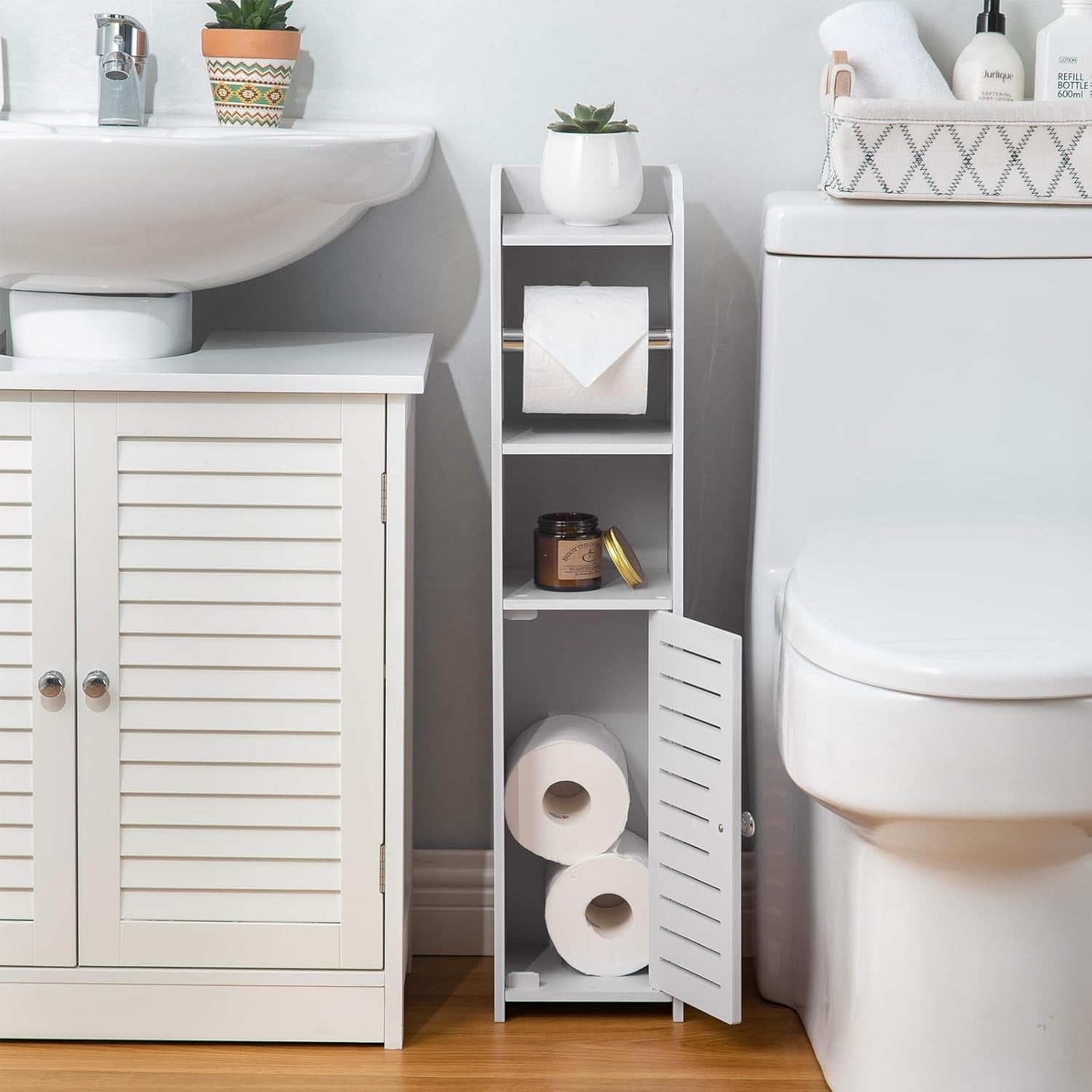 Toilet Storage Cabinet with Paper Holder - Space-Saving Bathroom Organizer (Multi-Color Options)