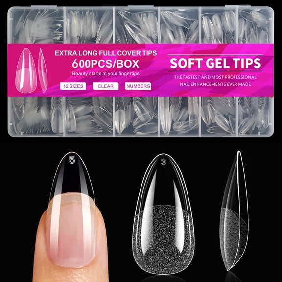 600Pcs Pre-Etched Almond Gel Nail Tips - Medium Clear Fake Nails in 12 Sizes, Soft Full Cover Press On Nail Extensions for DIY Home Acrylic & Gel Nail Art Gift