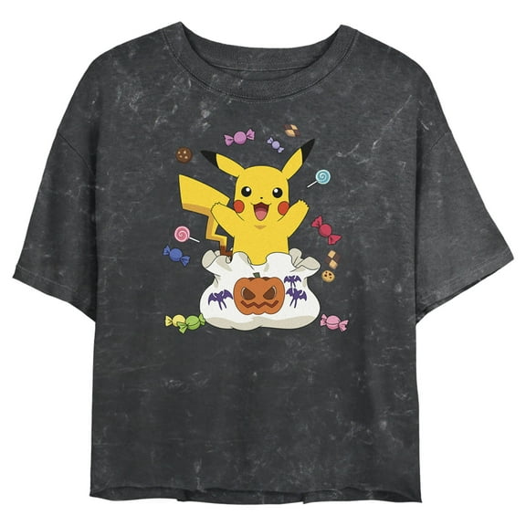 Junior's Pokemon Halloween Pikachu Candy Pumpkin Bag Graphic Crop T-Shirt Black Large