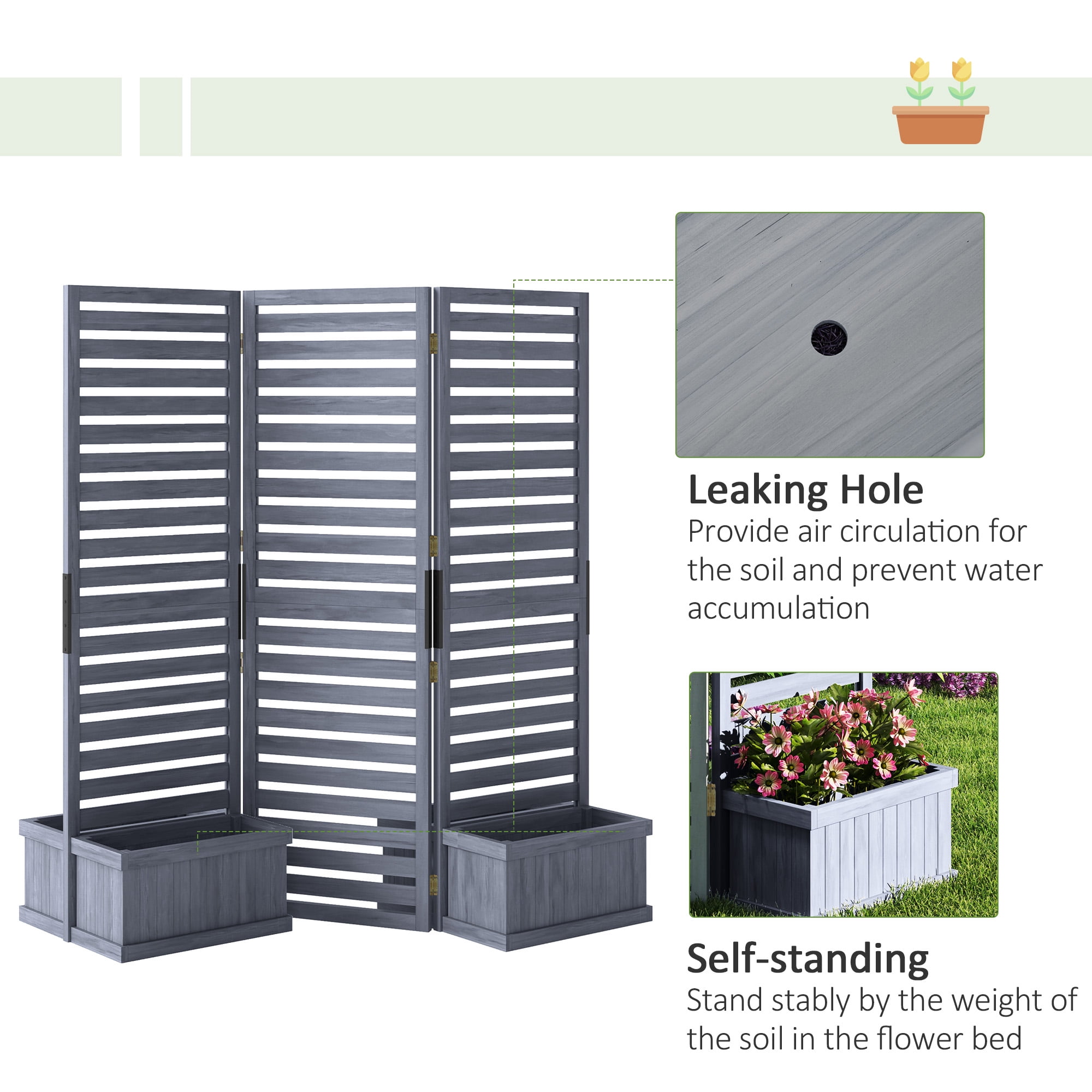 Alvantor 3 Panel Room Divider Wood Privacy Screen w Planter Box for Porch Living Room Dorm Gray
