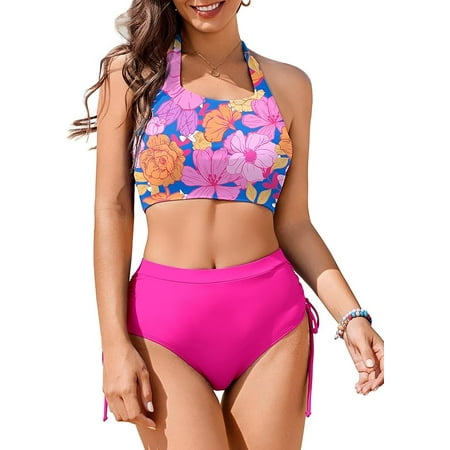 AI MAGE Womens High Waisted Bikini Sets Cheeky Push Up Two Piece Swimsuits Drawstring Halter Tummy Control Bathing Suit